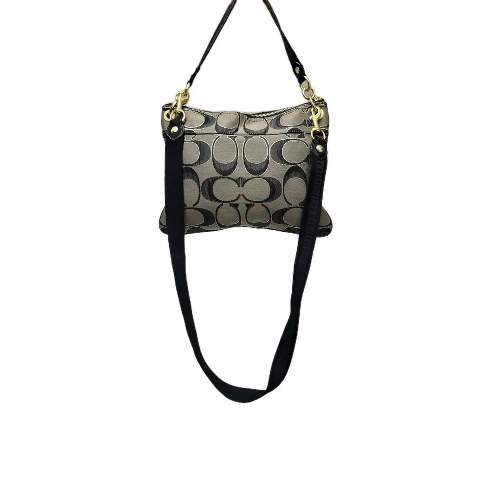 Coach #18135 Black & Gold Canvas Leather Trim Shoulder/Crossbody Handbag Purse